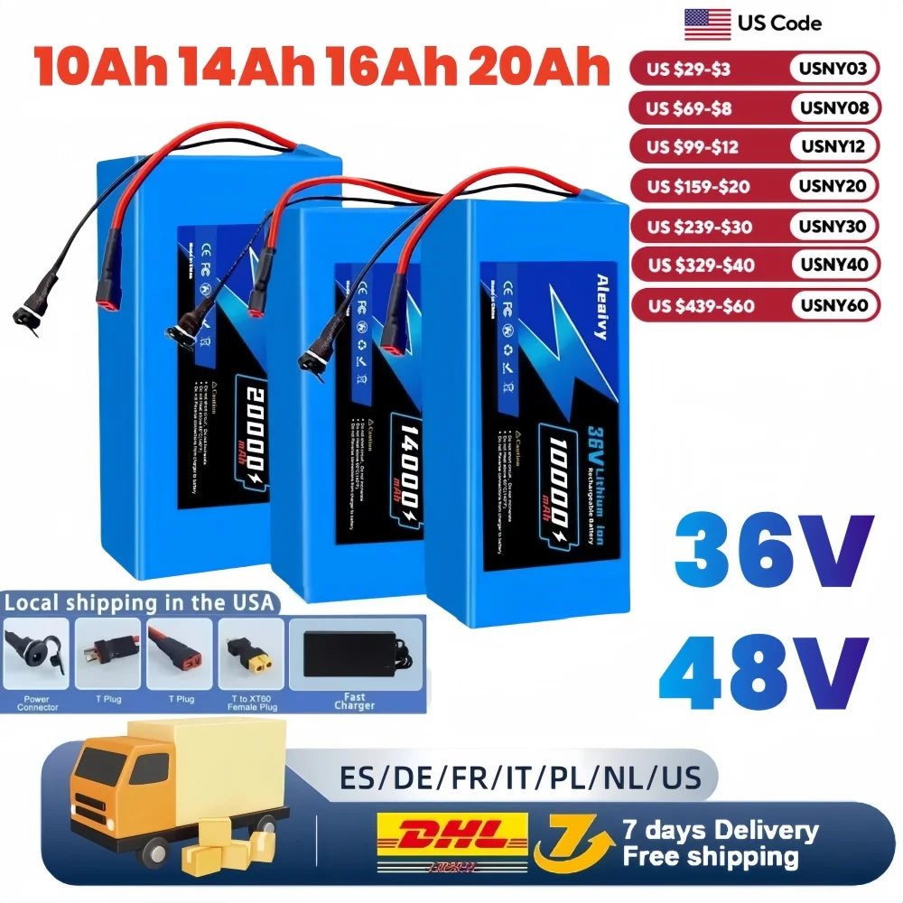 Aleaivy 36V 48V Li Ion Ebike Battery Pack 10Ah 14Ah 20Ah With Charger