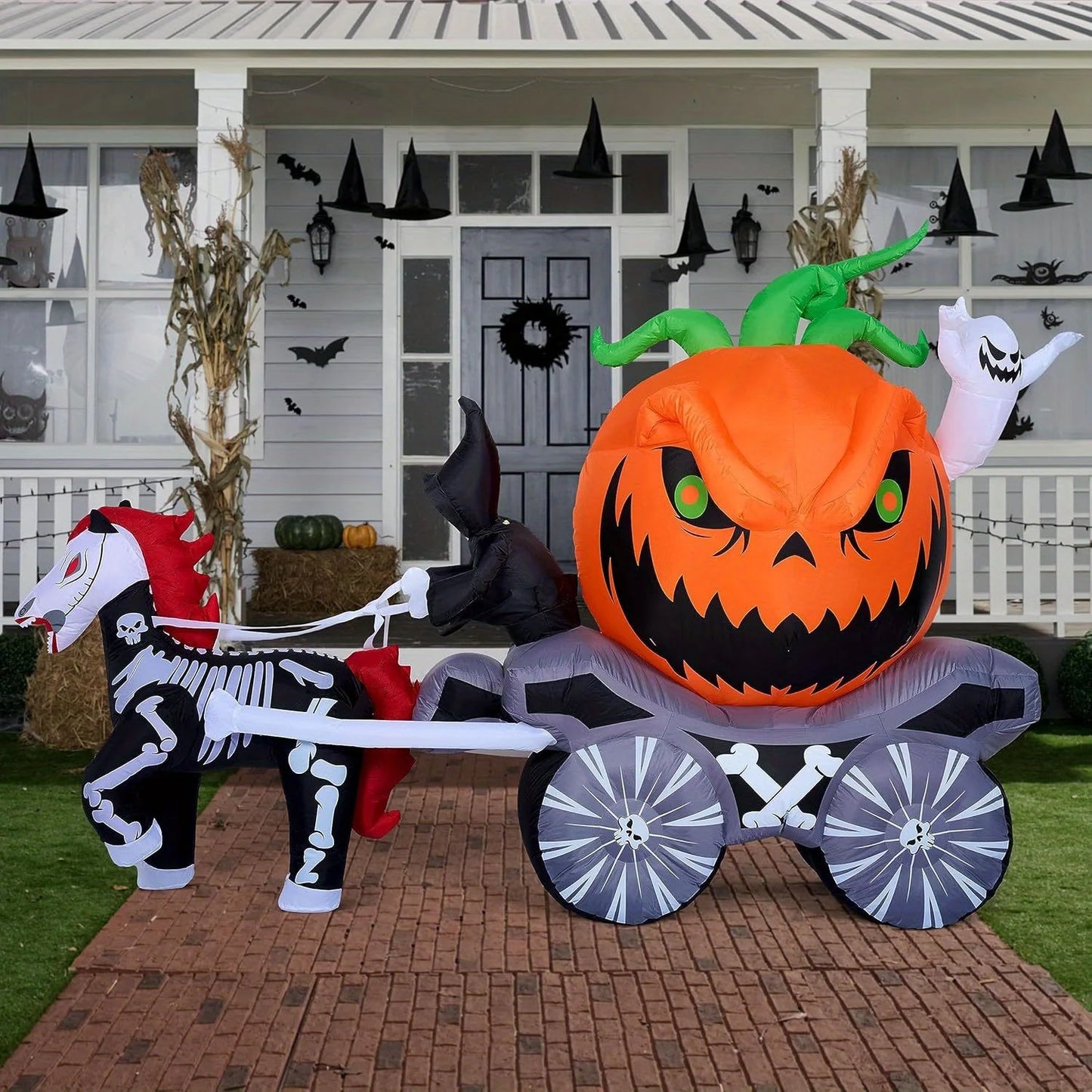 8 Ft Long Halloween Inflatables Pumpkin Carriage Outdoor Decorations Blow Up Pumpkin Carriage with Build-in LEDs Blow Up for Yard, Halloween Inflatables Party Decoration Outside Garden Lawn