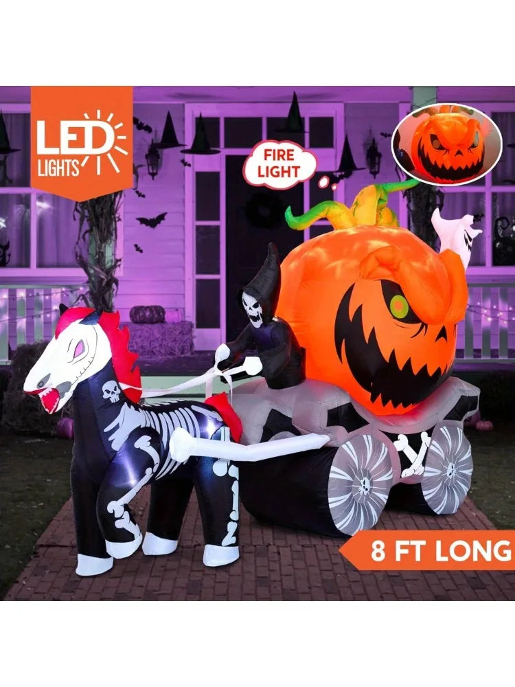 8 Ft Long Halloween Inflatables Pumpkin Carriage Outdoor Decorations Blow Up Pumpkin Carriage with Build-in LEDs Blow Up for Yard, Halloween Inflatables Party Decoration Outside Garden Lawn