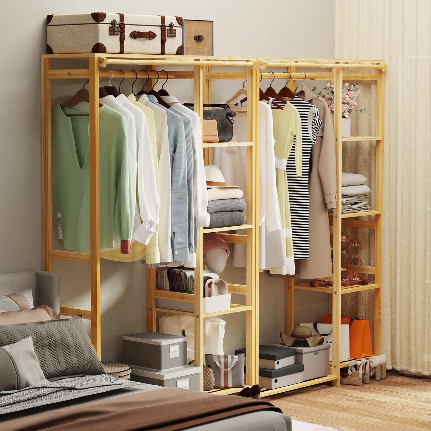 Bamboo Garment Rack 6 Tier Open Wardrobe Storage Organizer
