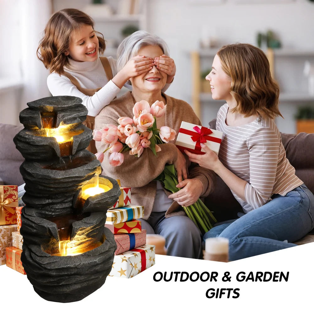 Outdoor Stacked Rock Waterfall Fountain With Integrated Garden Lighting