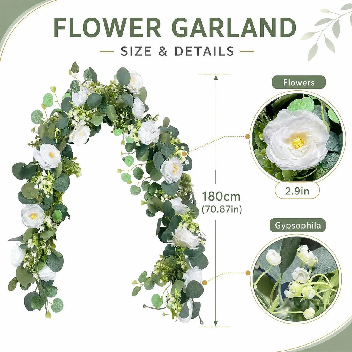 4-Pack Artificial White Austin Rose Eucalyptus Garland, 71in Silk Flower Vine Realistic Faux Greenery Swag Flexible Plastic Stems for Wedding Arch Party Table Runner Decor