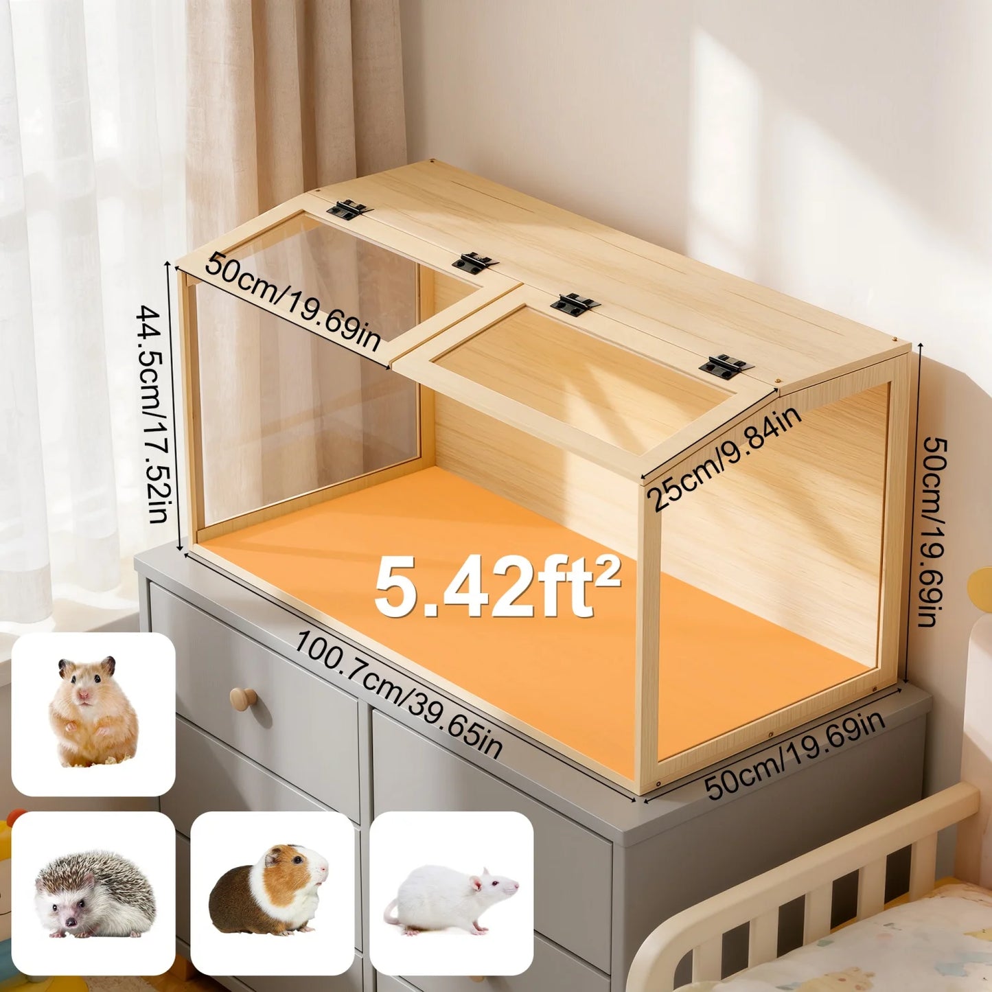 Wooden Hamster Cage Tempered Glass Panels And Led Lighting