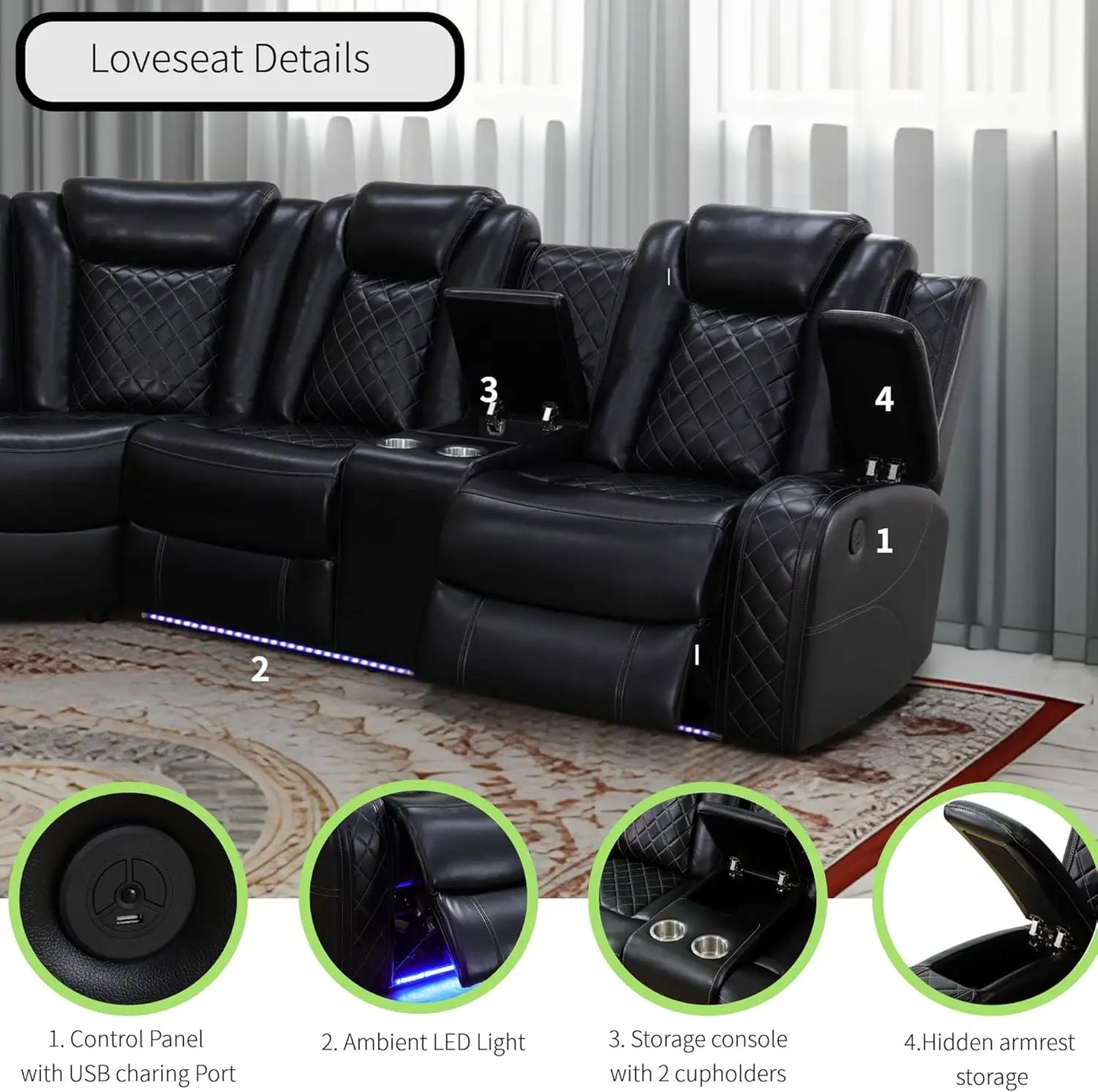 Power Recliner Sectional Sofa With LED Light For Living Room