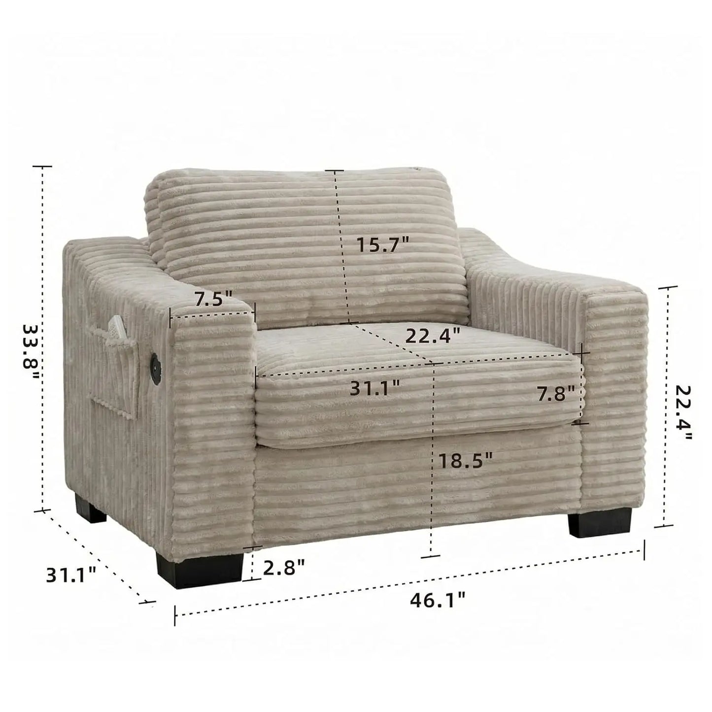 Corduroy Accent Chair With USB Charger Pocket Storage