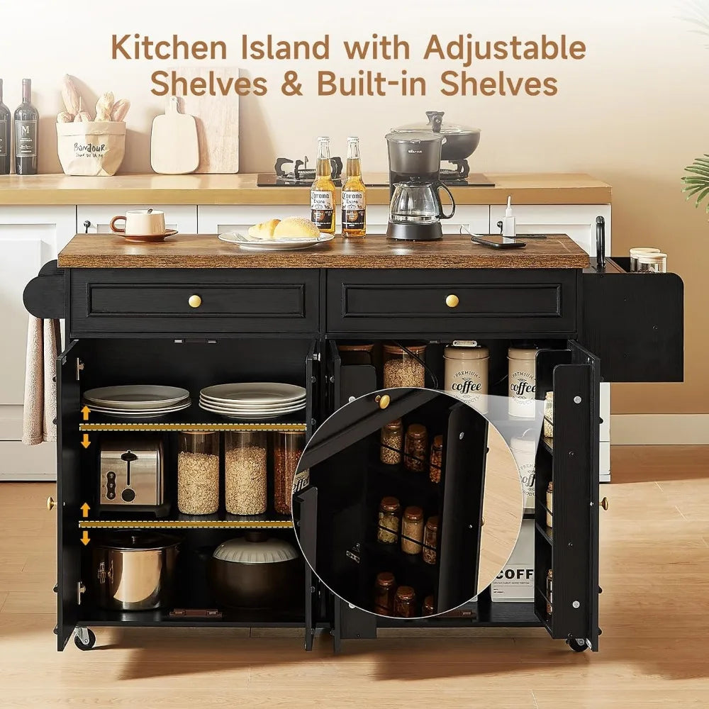Mobile Kitchen Island With Power Outlet Spice Rack Towel Bar Storage