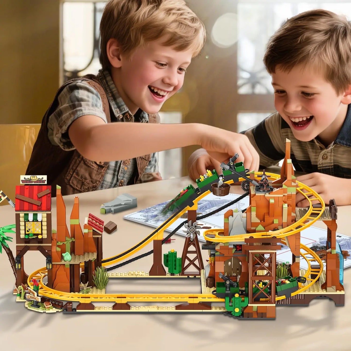 HOGOKIDS Western Roller Coaster Building Set Mine Train Playset