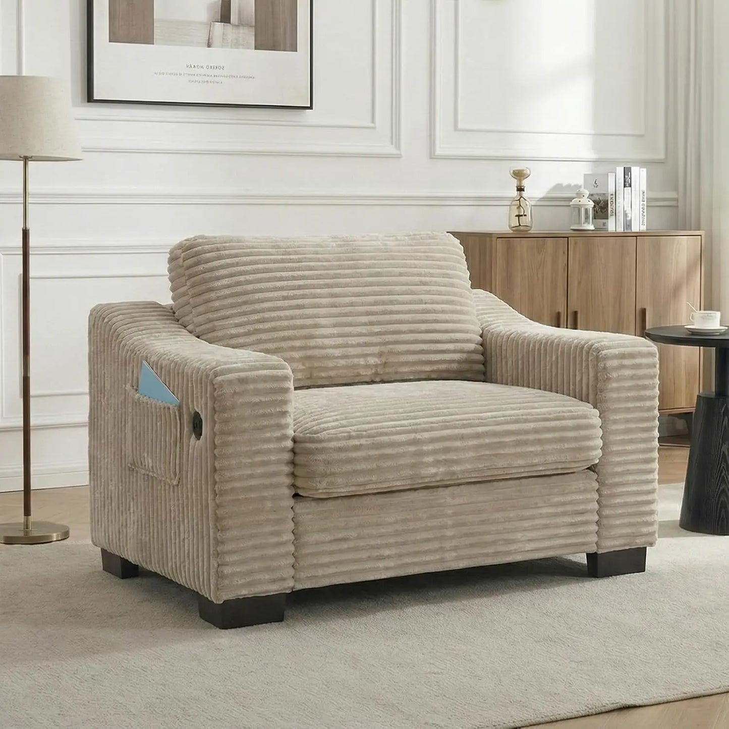Corduroy Accent Chair With USB Charger Pocket Storage