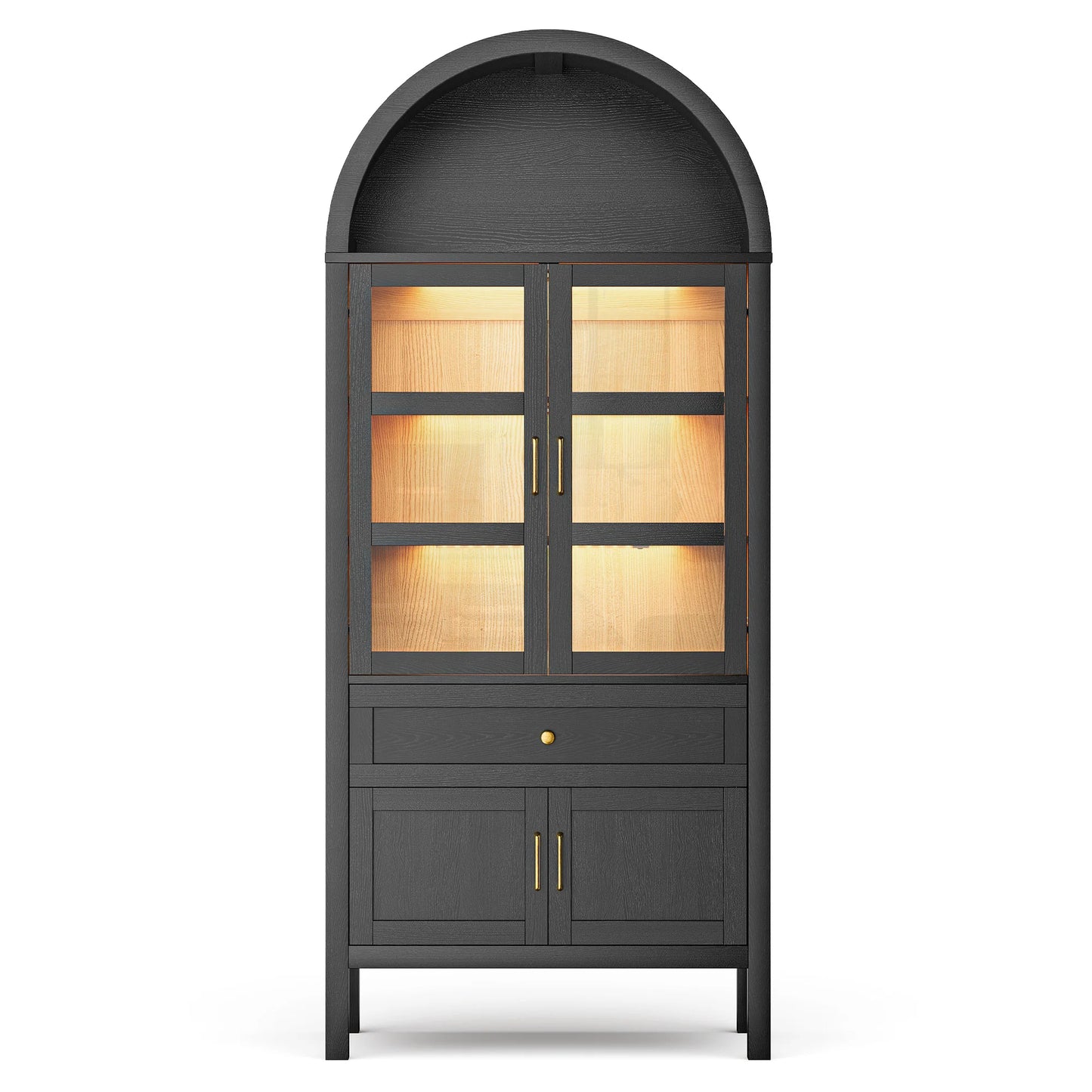 71 Inch Tall Full Wood Arched Storage Cabinet Adjustable Shelves Bookcase with Dimmable LED Lights for Living Room Bedroom