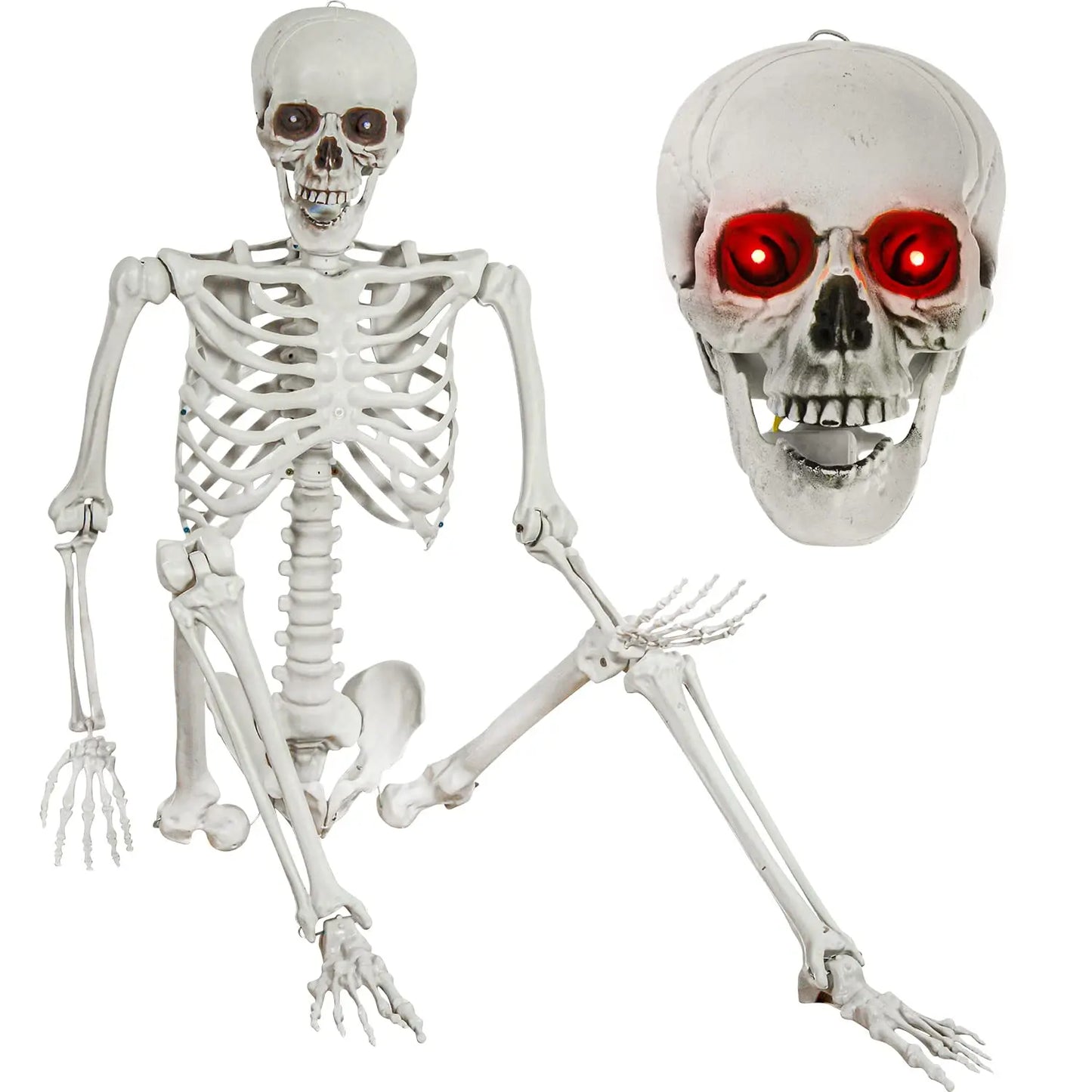 Sound Activated 5.6FT Pink Full Body Posable Skeleton with Glowing Red LED Eyes, Creepy Ghost Voice Halloween Skull Decoration, Movable Joint Plastic Bones for Yard, Haunted House, Cemetery & Spooky Party Indoor Outdoor Decor