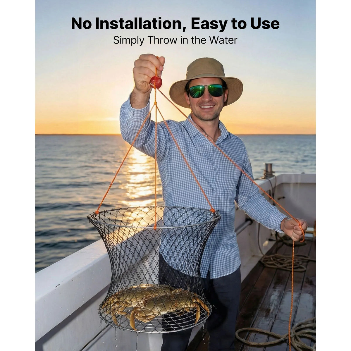 SucceBuy Double Ring Crab Trap 24in Top 20in Bottom Two Rings Crab Kit Foldable Fishing Net with Gauge 60ft Rope Wire Grid 2set