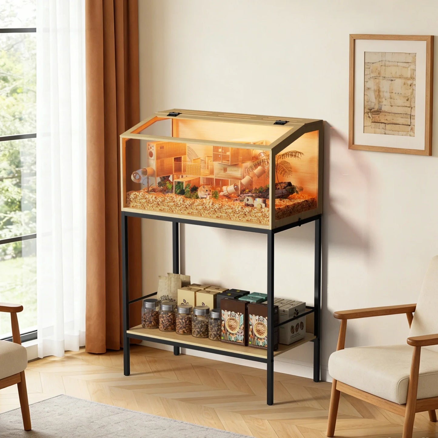 Wooden Hamster Cage With Built In LED Habitat Glass Panels