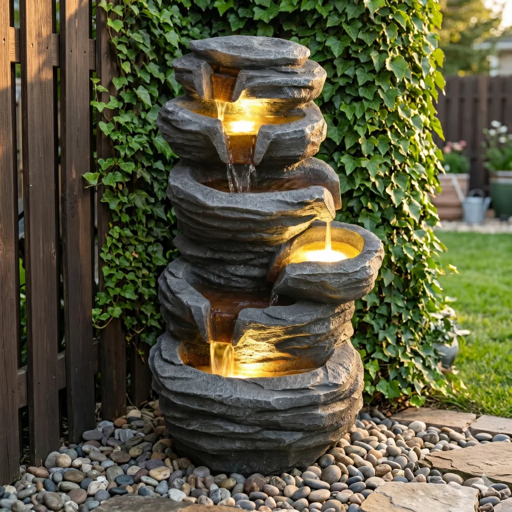 Outdoor Stacked Rock Waterfall Fountain With Integrated Garden Lighting