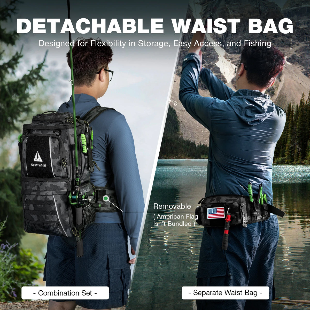 Ghosthorn 43L Fishing Backpack with 4×3600 Tackle Boxes, Rod Holder & Detachable Waist Bag, Waterproof