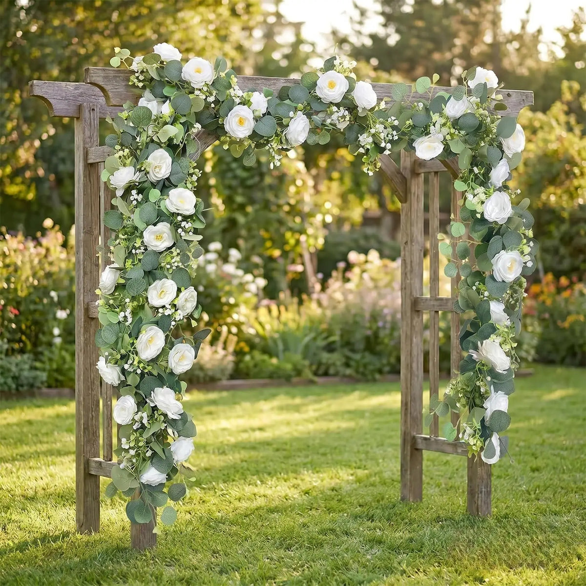 4-Pack Artificial White Austin Rose Eucalyptus Garland, 71in Silk Flower Vine Realistic Faux Greenery Swag Flexible Plastic Stems for Wedding Arch Party Table Runner Decor