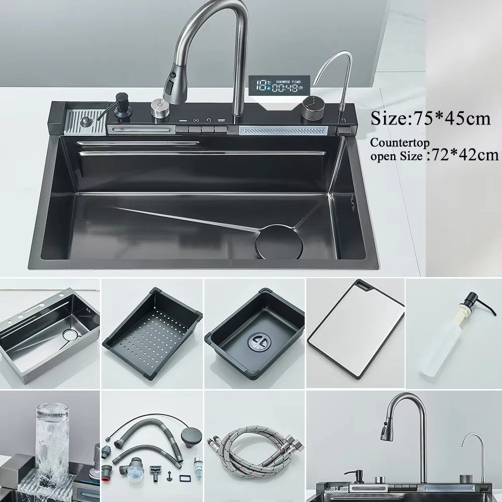 MYQualife 304 Stainless Steel Waterfall Kitchen Sink With Soap Dispenser