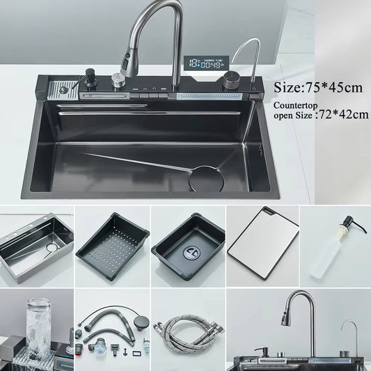 MYQualife 304 Stainless Steel Waterfall Kitchen Sink With Soap Dispenser