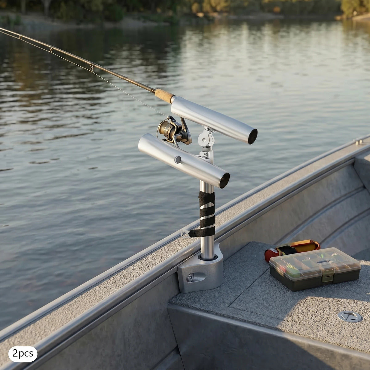 Fishing Rod Holders, 2pcs Double Ended Fishing Rod Holder, Rod Rack, Stainless Steel Adjustable Bracket for Boats, Dual Rod Design, Non-Slip Rubber Padding, 75cm Nylon Strap, Easy Install, Portable Secure Support for Railings