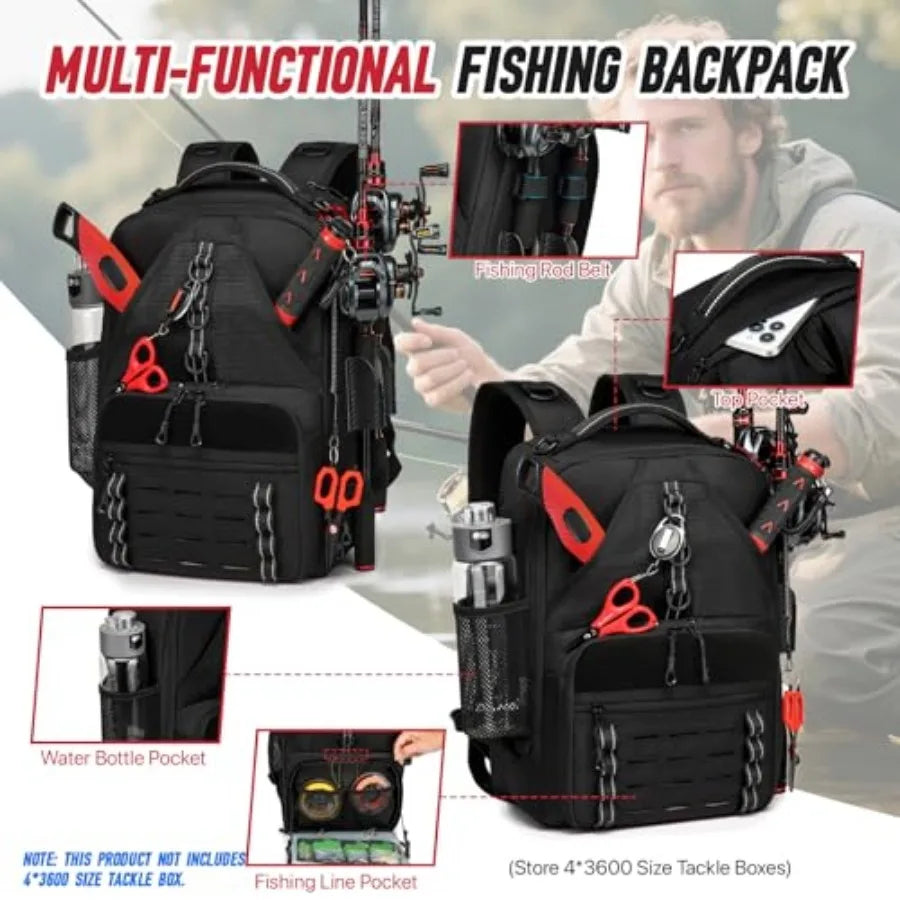 Fishing Tackle Backpack, Tackle Bags with 2 Rod Holders, Water-Resistant Tackle Bag Storage Bag for Fishing Gear Black