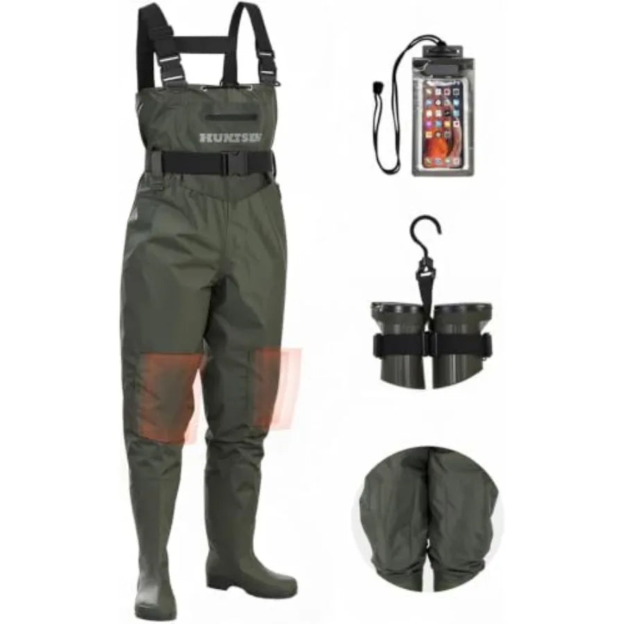Fishing Waders for Men Women - 2-Ply Nylon/PVC Waterproof Hunting Chest Waders with Boot HangerandPhone Case, Size9-13