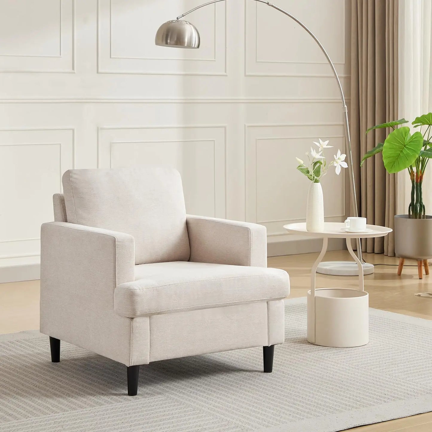 Modern Single Accent Chair Comfortable Linen Upholstered Armchair With Soft Thick High Resilience Foam Cushion Sturdy Solid Wood Legs Soft Backrest For Living Room Bedroom Office