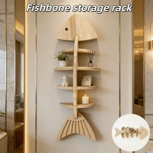 Creative Wooden Fishbone Wall Storage Shelf Multilayer Home Decor