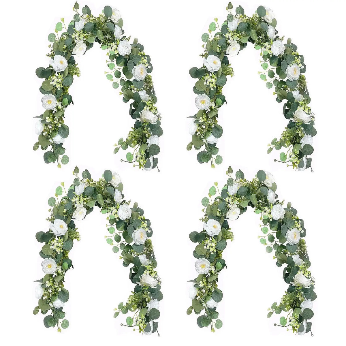4-Pack Artificial White Austin Rose Eucalyptus Garland, 71in Silk Flower Vine Realistic Faux Greenery Swag Flexible Plastic Stems for Wedding Arch Party Table Runner Decor