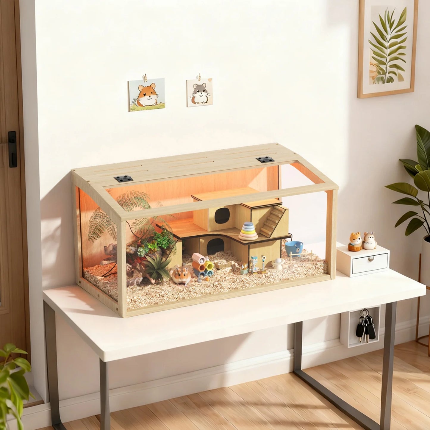 Wooden Hamster Guinea Pig Habitat Cage With Tempered Glass