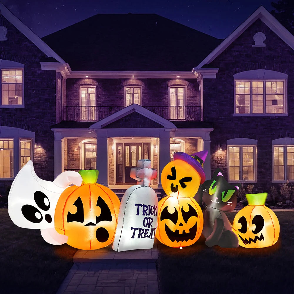 8 FT Long Halloween Inflatables Outdoor Decoration Halloween Blow Up Decorations Outside Inflatable Pumpkin Ghost Cat Tombstone with LEDs for Yard Decor