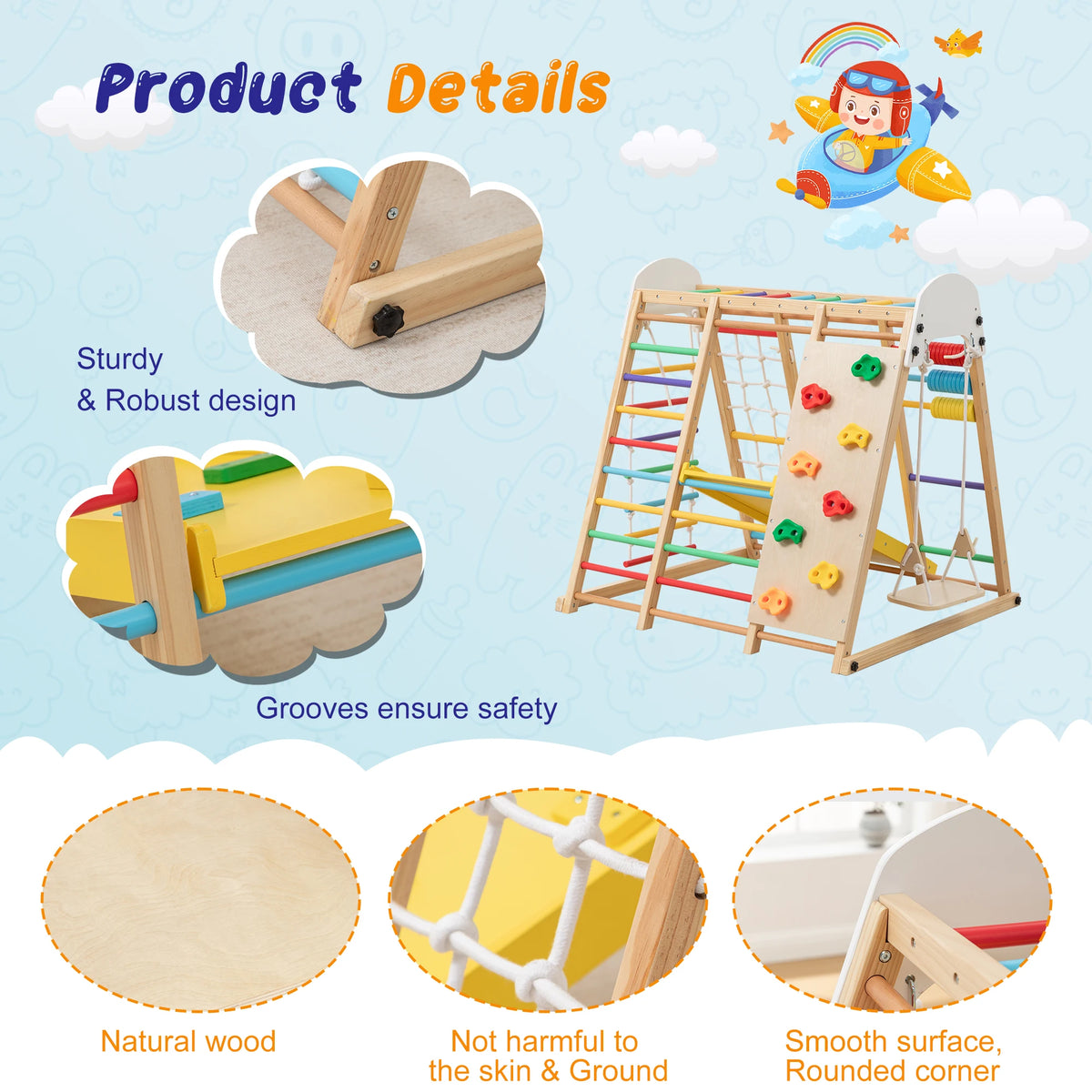 Multifunction Wooden Kids Climber Indoor Playground, Toddler Climbing Set with Slide, Swing, Climbing Ramp, Ladder and Cargo Net for Motor Skill Training