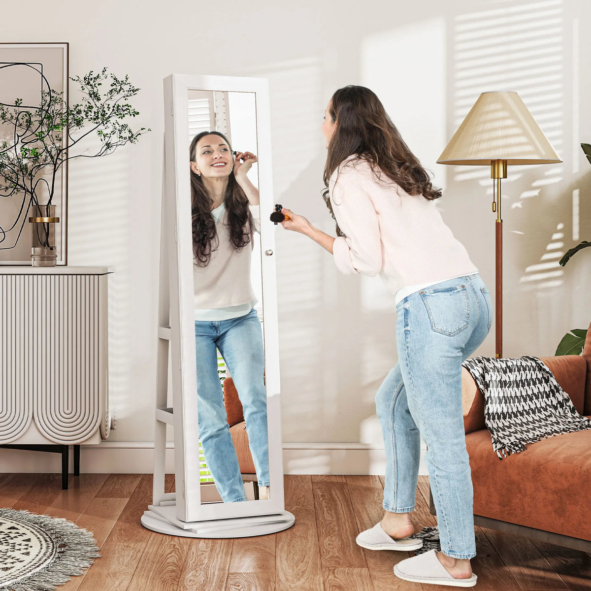 360° Swivel Jewelry Cabinet, Lockable Jewelry Armoire Organizer with Full-Length Mirror, Back Storage Shelves, Interior Small Mirror, for Bedroom Living Room, White