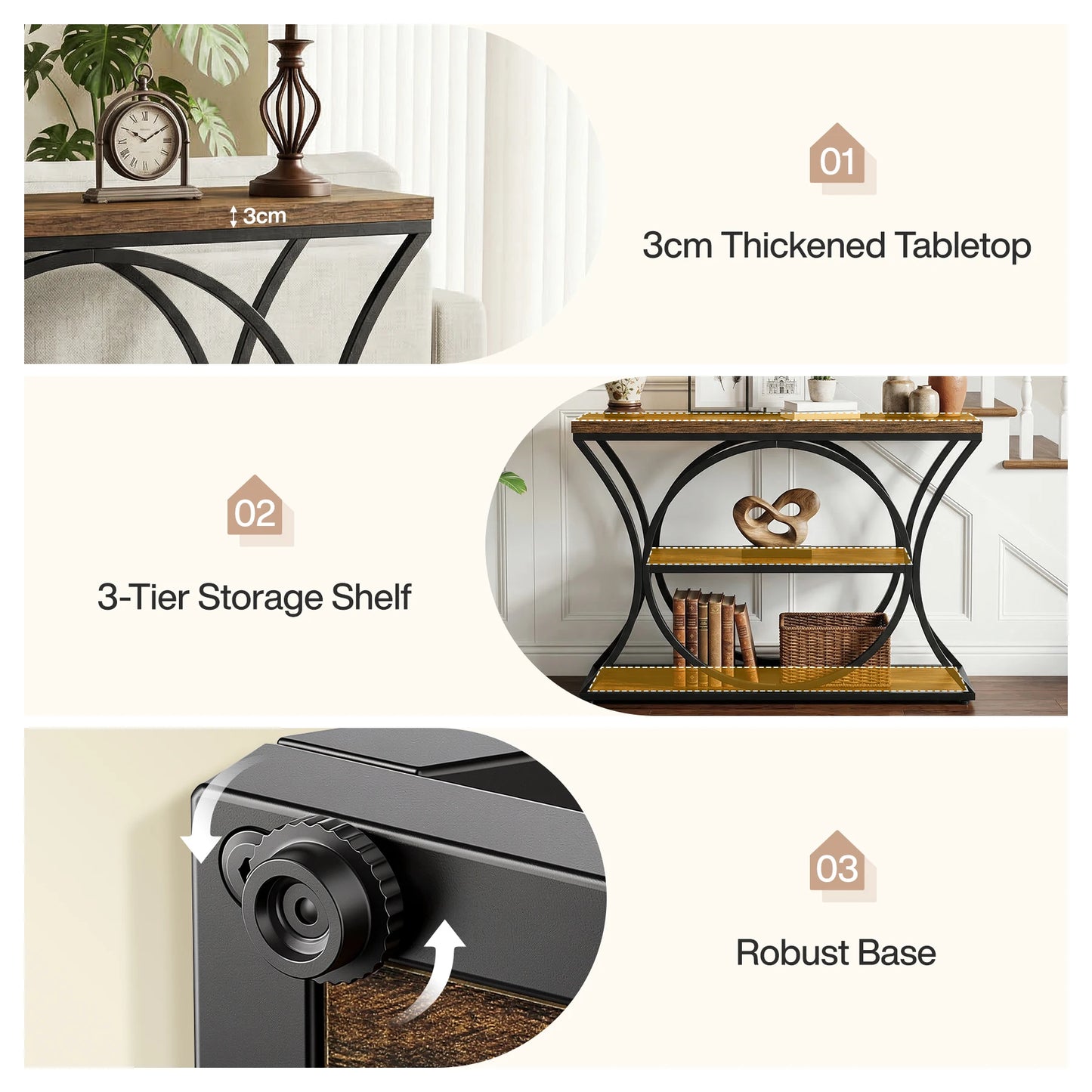 Tribesigns 43.34-Inch Industrial Console Table, 3-Tier Sofa Table with Arched Metal Frame, Narrow Accent Entryway Tables with Storage Shelf for Living Room, Behind Couch, Hallway, Foyer, Small Spaces