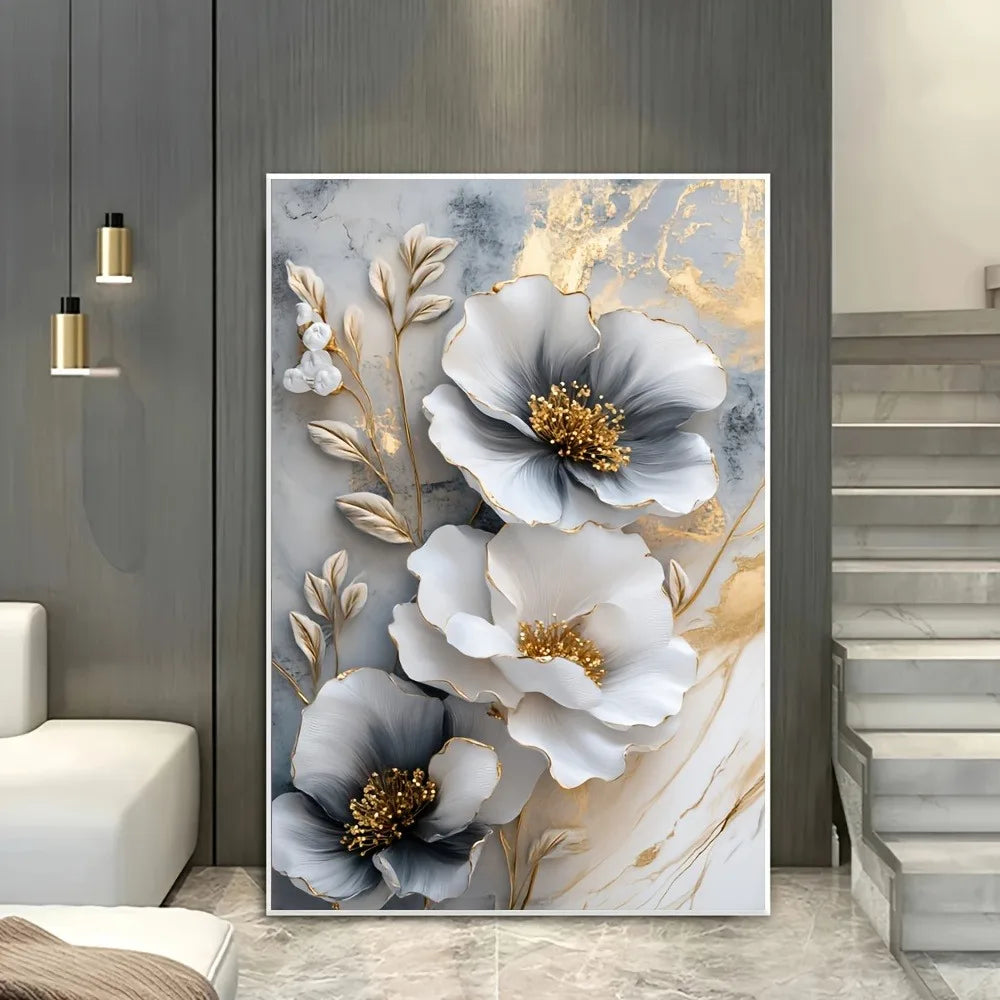 Luxurious Floral Canvas Mural Framed 3D Painting For Living Room