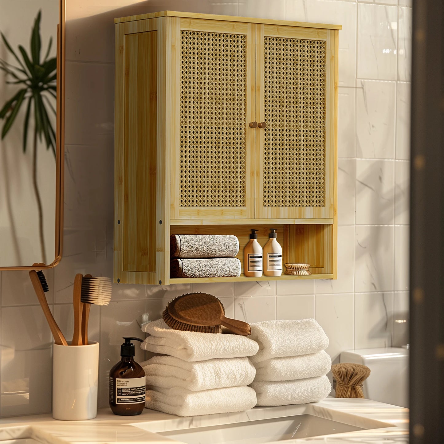 Wisfor Wooden Wall Mounted Medicine Cabinet With Rattan Doors