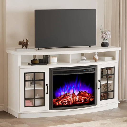Curved TV Cabinet With Electric Fireplace And Farmhouse Glass Doors