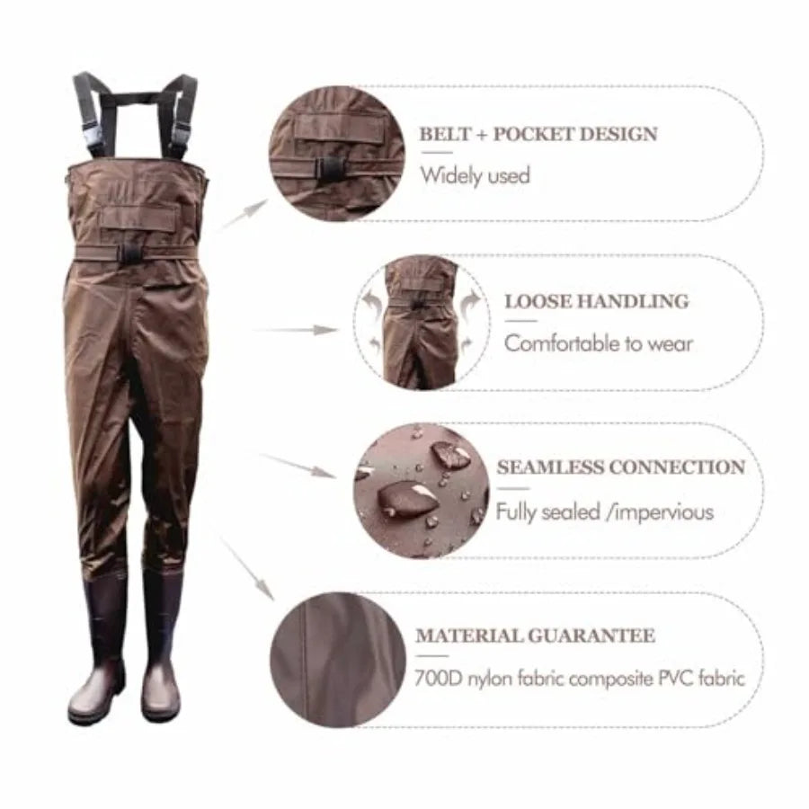 Hunting and fishing chest waders with boots, 2-ply PVC/nylon waterproof material, camo color, lightweight and durable