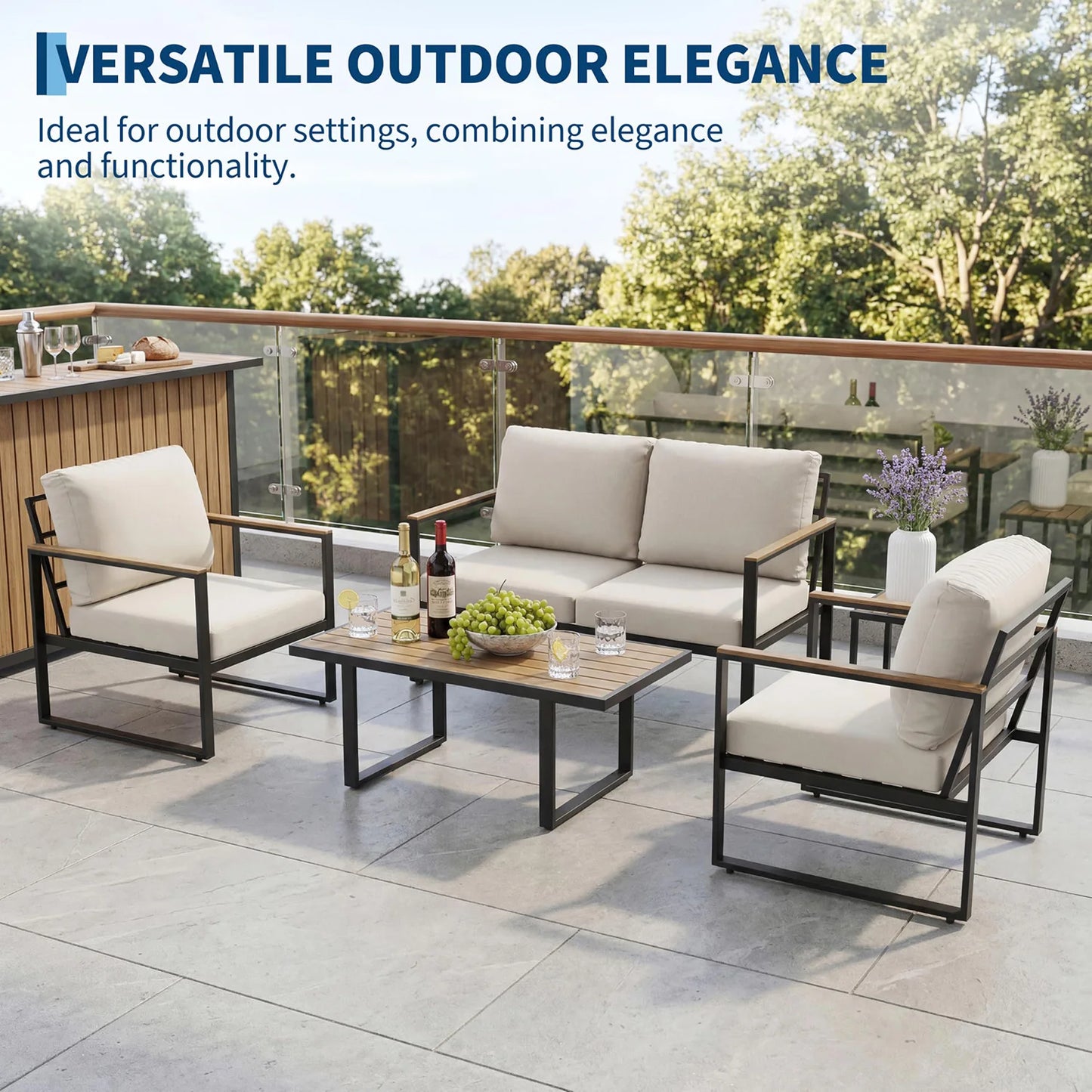 HobbyLane Modern 4 Piece Outdoor Patio Sofa With Coffee Table