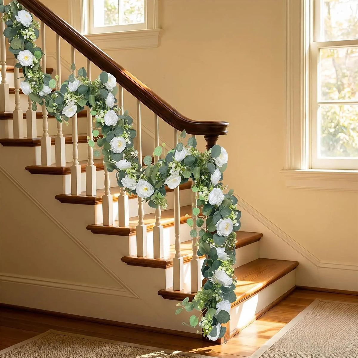 4-Pack Artificial White Austin Rose Eucalyptus Garland, 71in Silk Flower Vine Realistic Faux Greenery Swag Flexible Plastic Stems for Wedding Arch Party Table Runner Decor