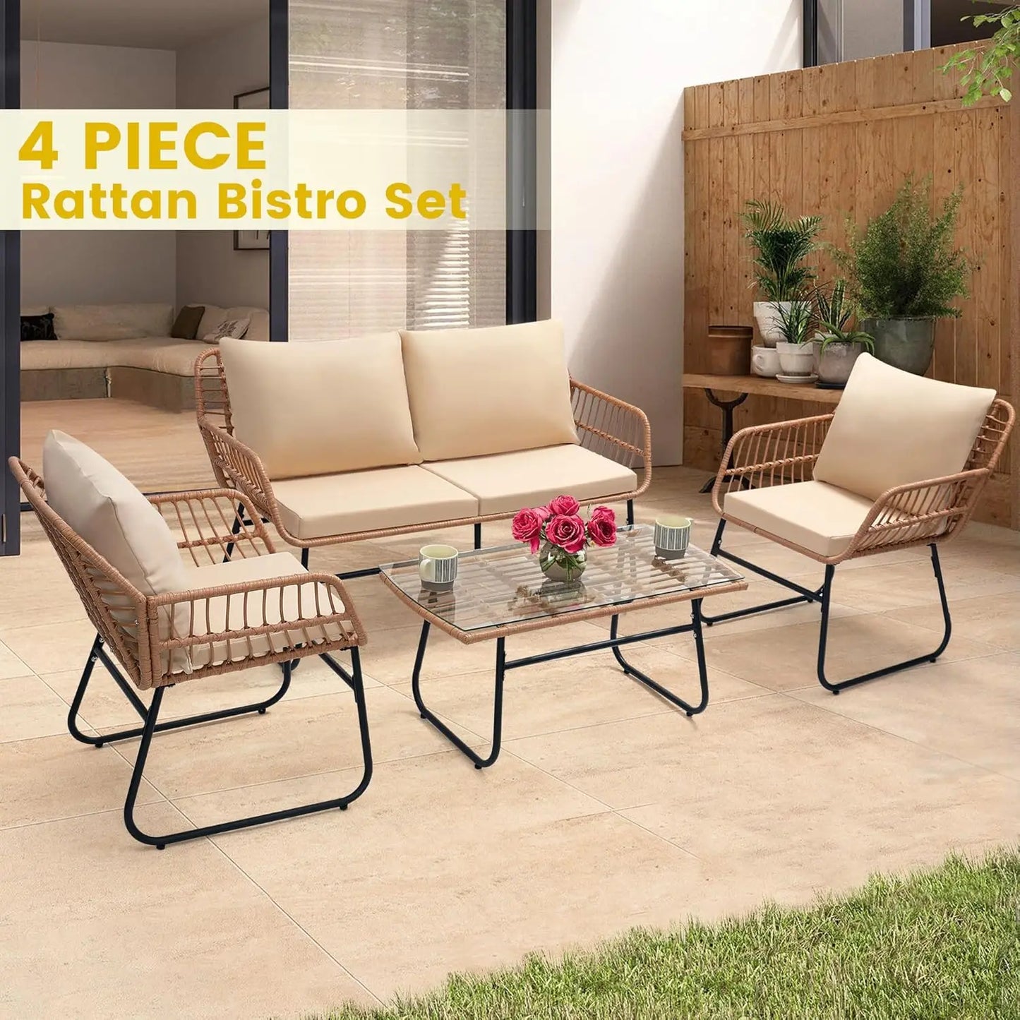 Four Piece Modern Wicker Patio Bistro Outdoor Furniture Set