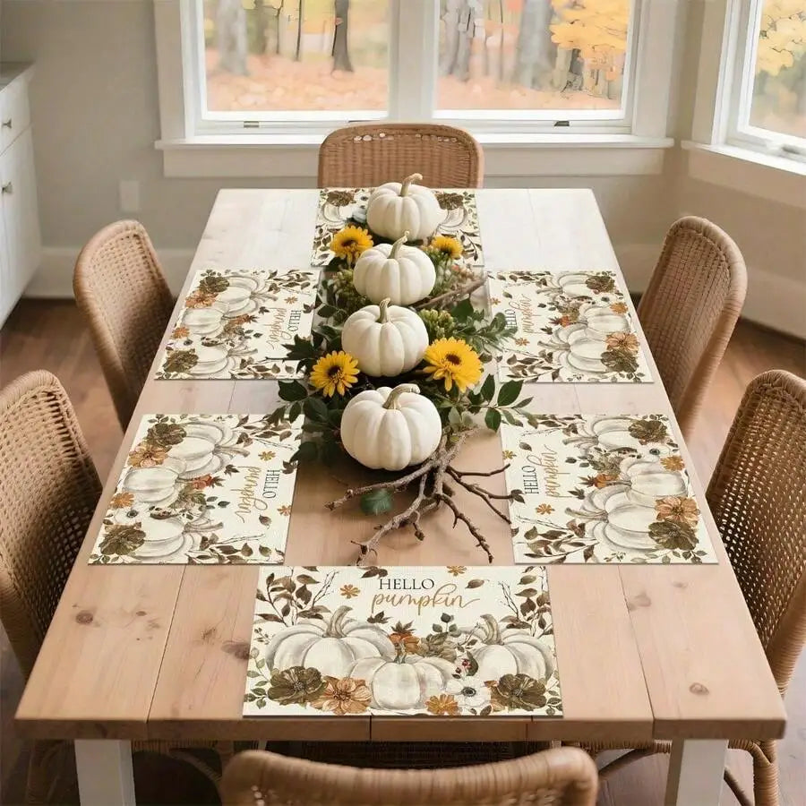 4pcs Hello Pumpkin Hand-Painted Flowers White Pumpkin Placemats 12x18 Inch Fall Thanksgiving Table Decorations For Kitchen Di
