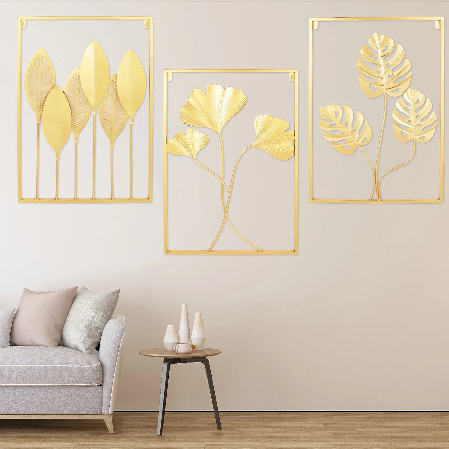 Three Piece Leaf Wall Art Set Modern 3D Iron Panels