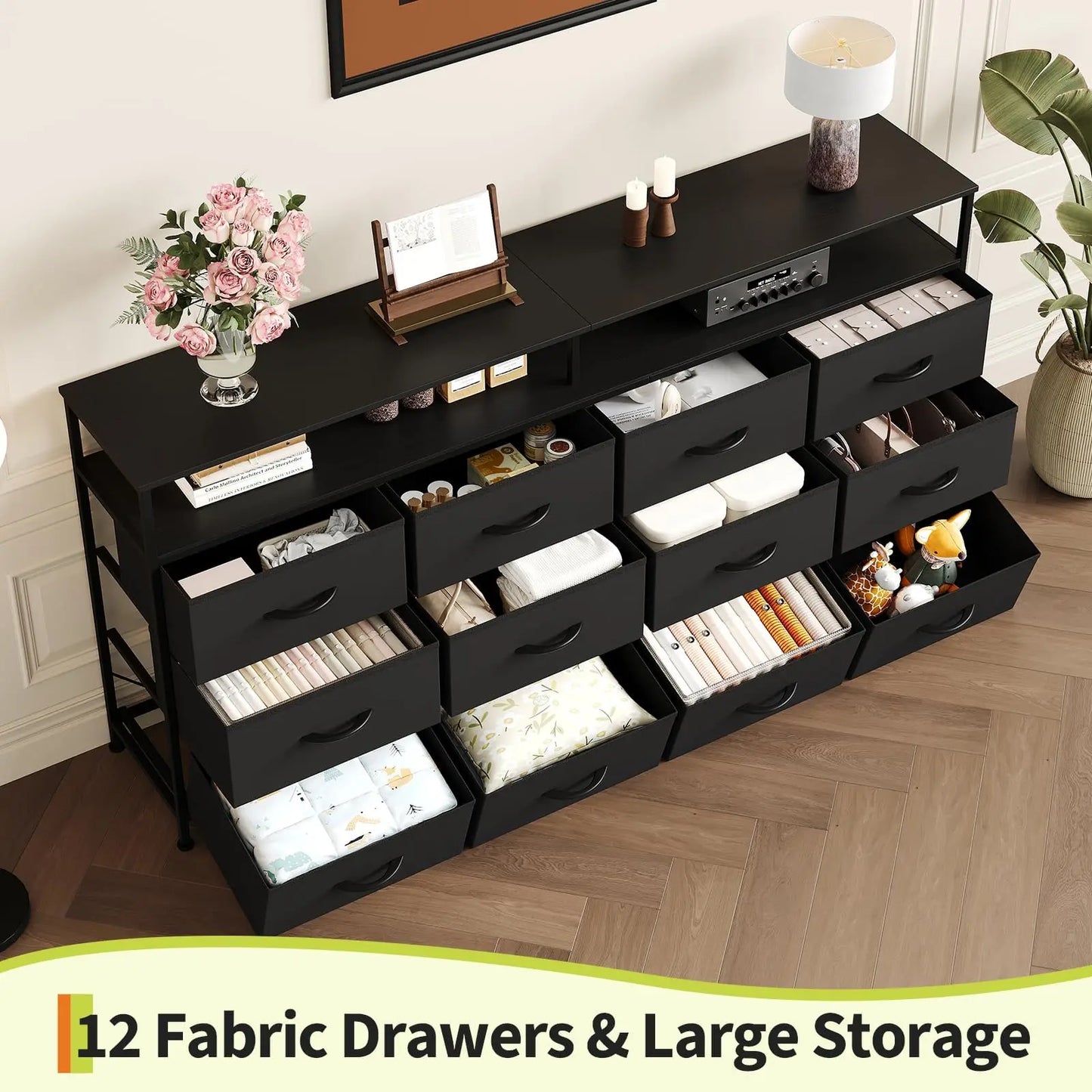 HiMISS 12 Drawer Dresser With Open Shelf Steel Frame