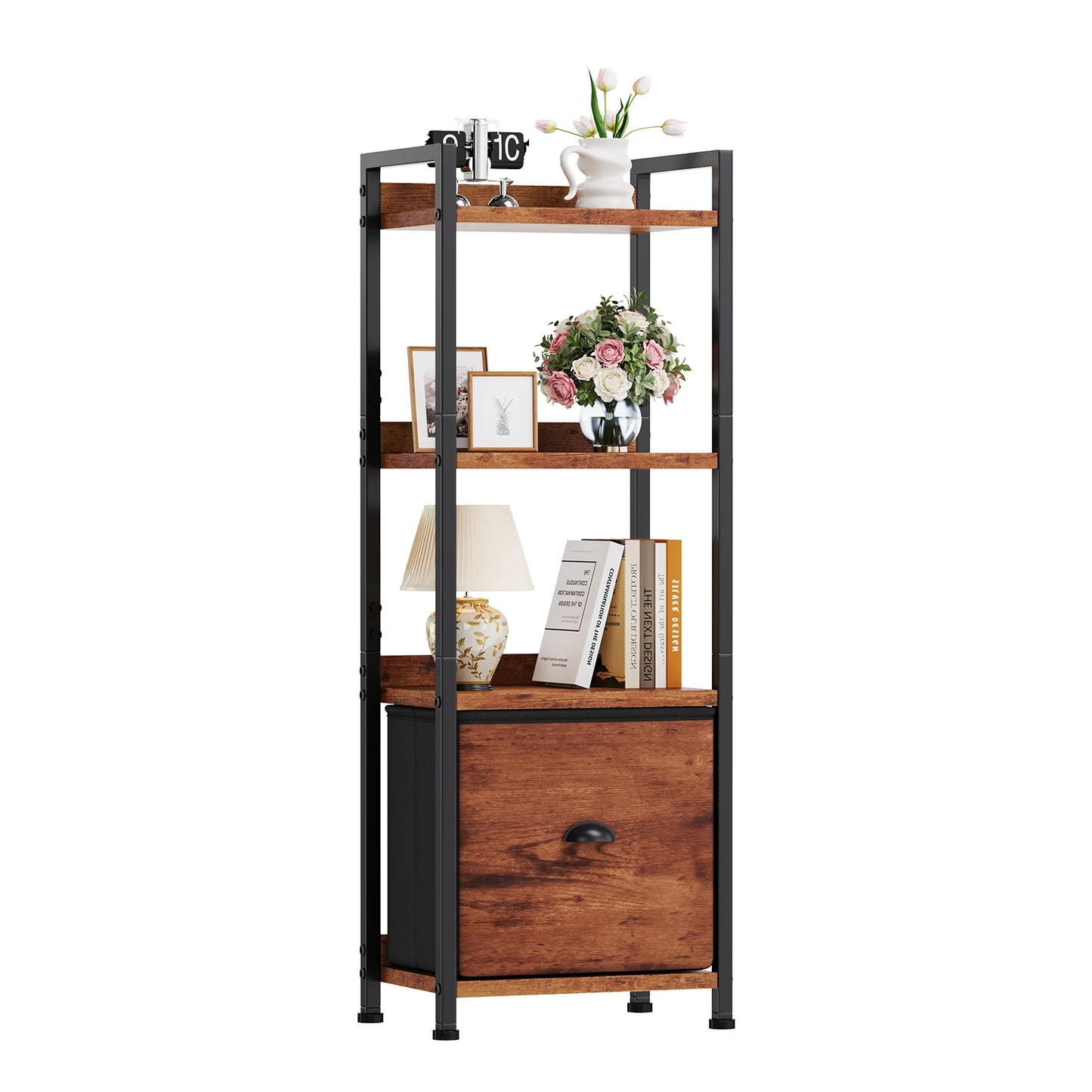 MCQ 4-5 Tier Bookshelf with Fabric Drawer Standing Open Book Shelf Organizer Wood and Metal Storage Shelf Organizer in Living Room Bedroom