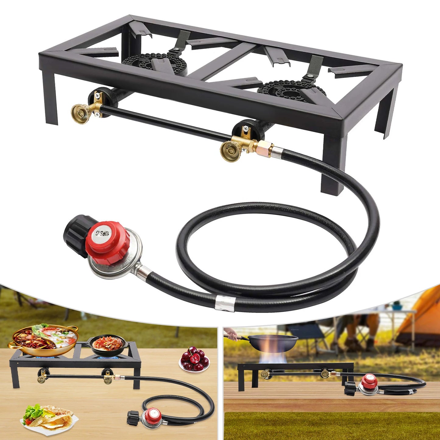 Portable Double Burner Outdoor Gas Stove Propane Cooker With Regulator