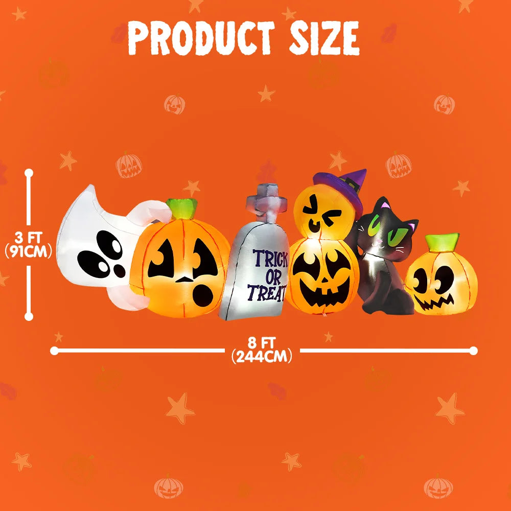 8 FT Long Halloween Inflatables Outdoor Decoration Halloween Blow Up Decorations Outside Inflatable Pumpkin Ghost Cat Tombstone with LEDs for Yard Decor