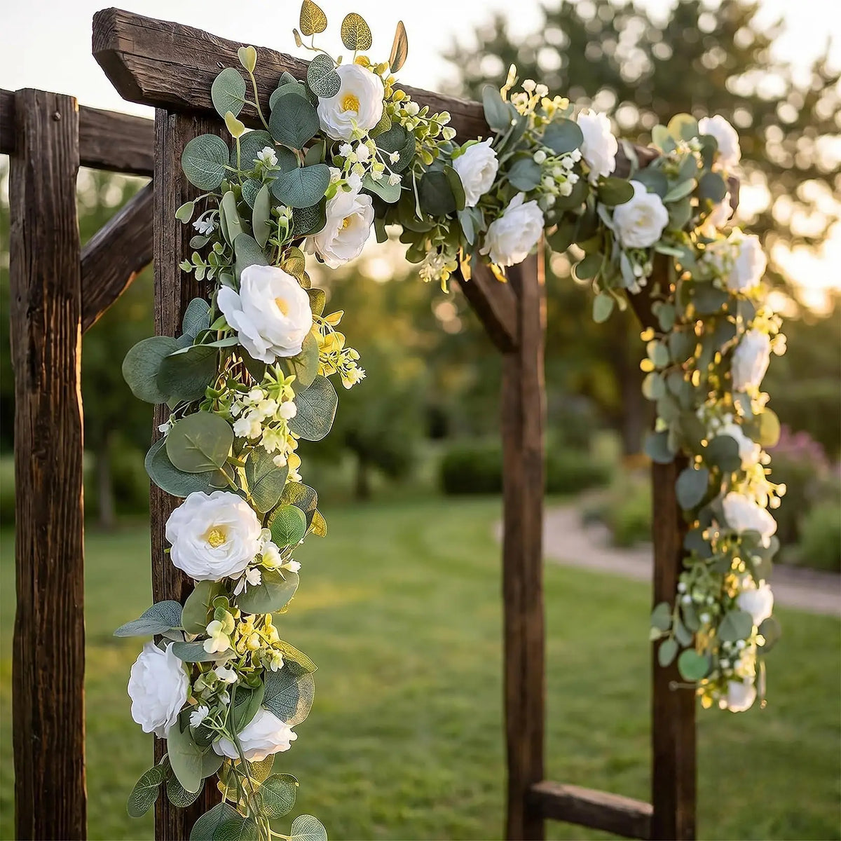 4-Pack Artificial White Austin Rose Eucalyptus Garland, 71in Silk Flower Vine Realistic Faux Greenery Swag Flexible Plastic Stems for Wedding Arch Party Table Runner Decor