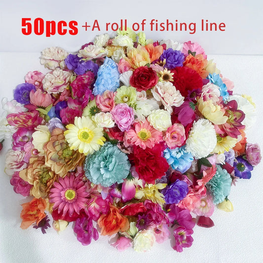 50 pcs DIY Colorful Random Simulation Flowers Hanging Interior Decoration with Fishline Suitable Wedding Gift Party Decoration