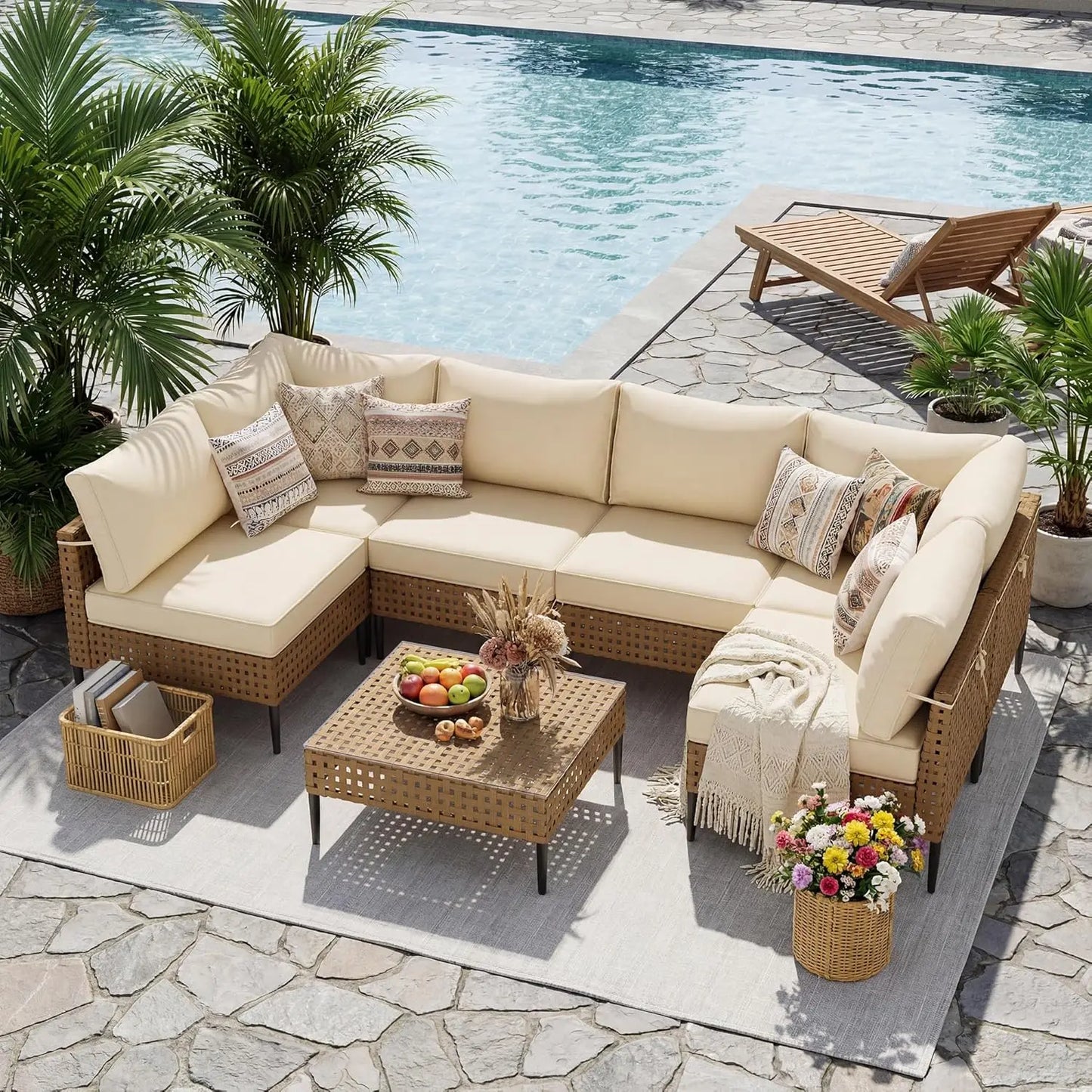 Wicker Patio Furniture Set Modular Outdoor Sectional With Glass Table