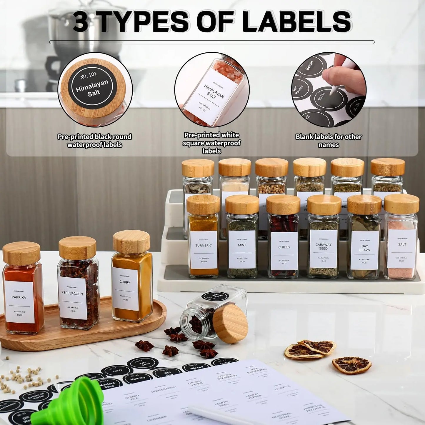 Glass Spice Jars With Bamboo Lids Labels And 24 Piece Organizer Set
