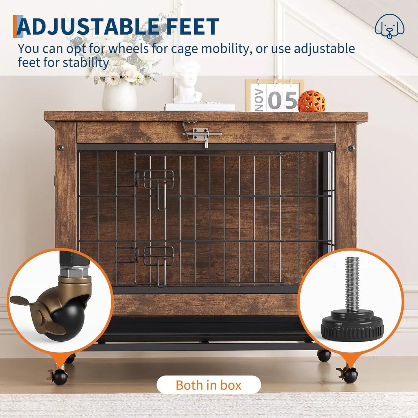 TWISTER.CK Indoor Wooden Dog Crate Furniture With Double Doors Wheels And Tray